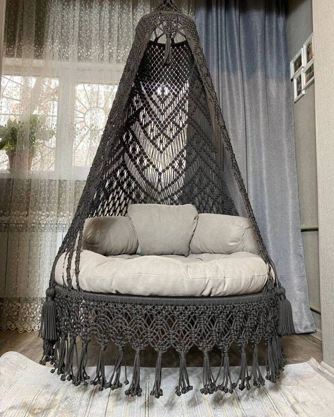 Dark Grey Macrame Swing For Adults 40 inches - Leechoo
