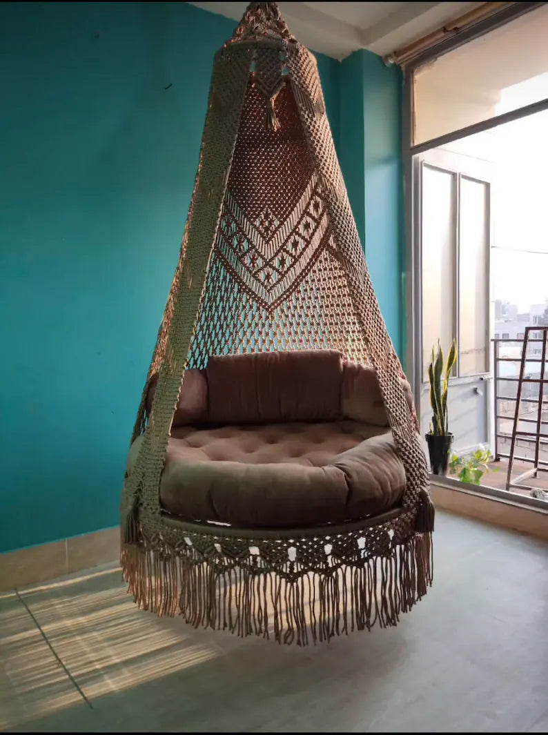 Macrame Swing With Cushions in Beige 35 inches - Leechoo