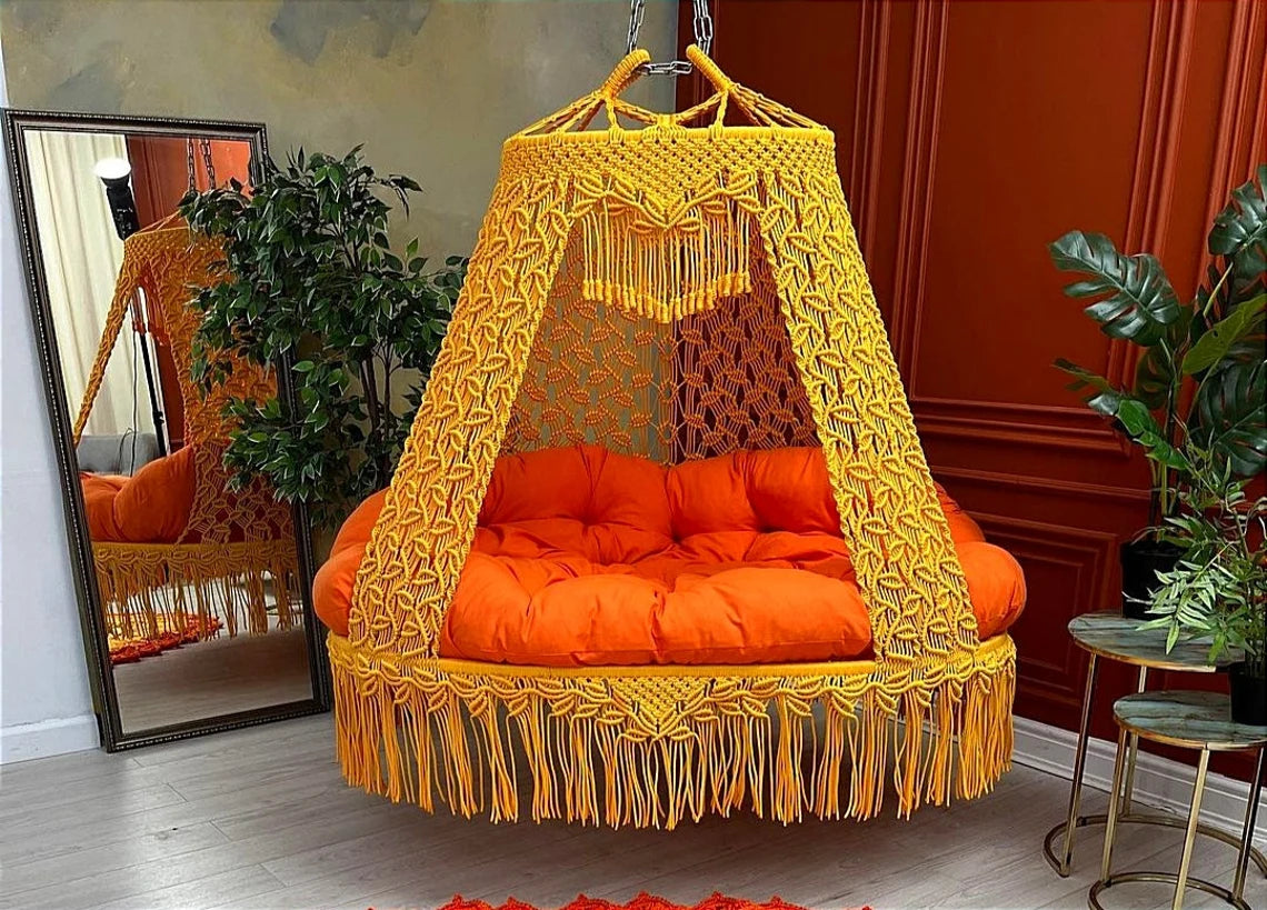 Yellow Macrame Sofa Swing With Mattress And Cushions - Leechoo
