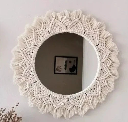 White Macrame Wall Hanging Dream Catcher Mirror - Leechoo
