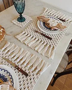 Macrame Set Of Coasters, Placement Mats And Napkin Holder - Leechoo