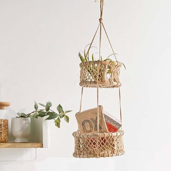 2 Tier Macrame Storage Organizer Basket For Kitchen - Leechoo