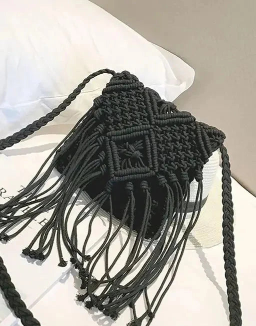 Macrame Black Sling Bag For Women - Leechoo