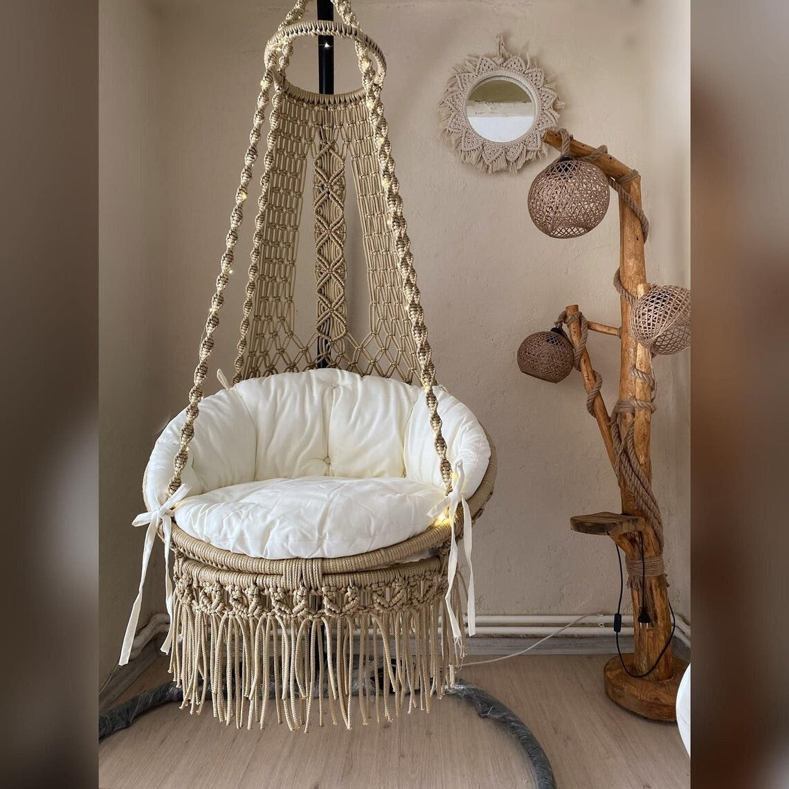 Beige Macrame Swing Chair With Mattress For Adults - Leechoo