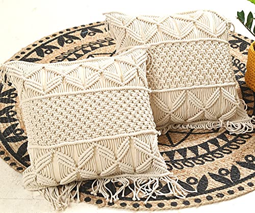 Macrame Cushions With Cover 16 x 16 inches In Off White - Leechoo