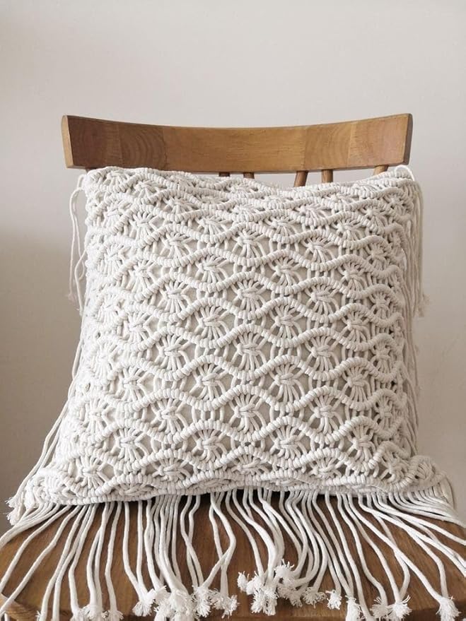 White Macrame Cushion With Cover 16 x 16 inches - Leechoo