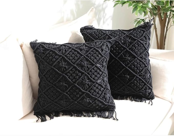 Macrame Cushion With Cover 16 x 16 inches Black - Leechoo