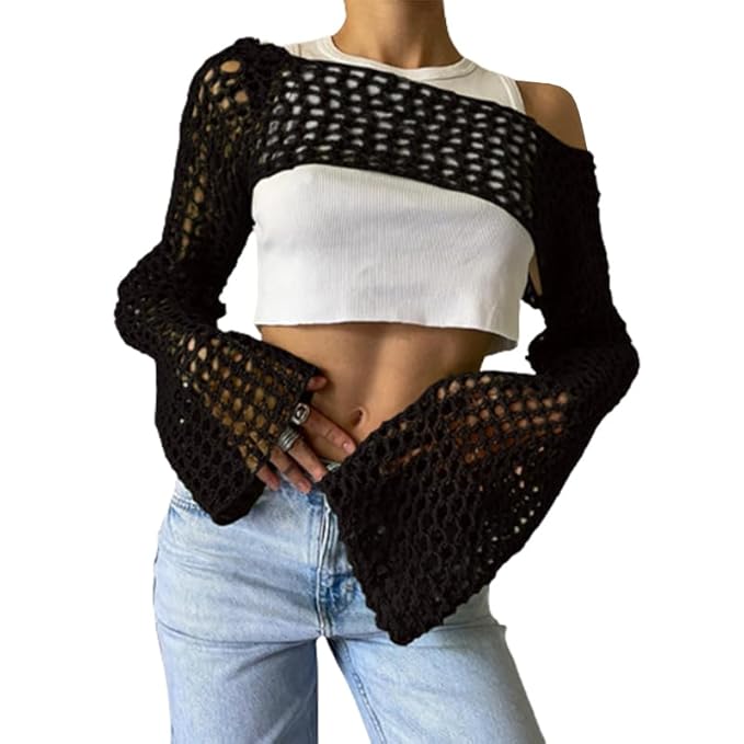 Mesh Crochet Crop Top with Long Sleeves - Leechoo