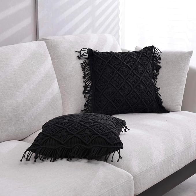 Macrame Cushion With Cover 16 x 16 inches Black - Leechoo