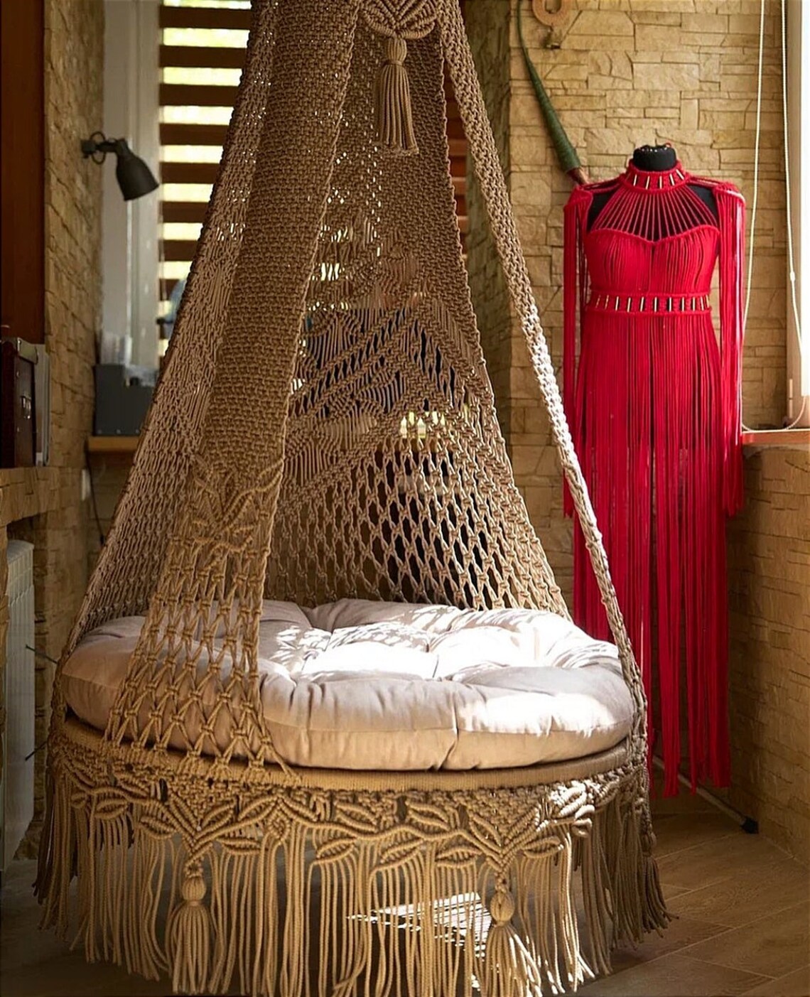 Beige Macrame Swing For Adults 35 inches - Leechoo