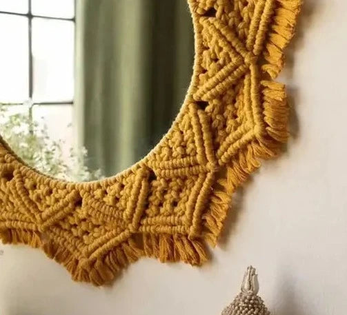 Yellow Macrame Wall Hanging Dream Catcher Mirror - Leechoo