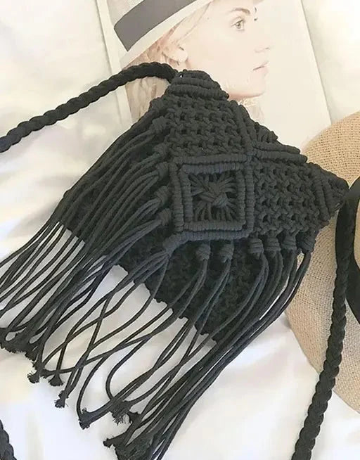 Macrame Black Sling Bag For Women - Leechoo