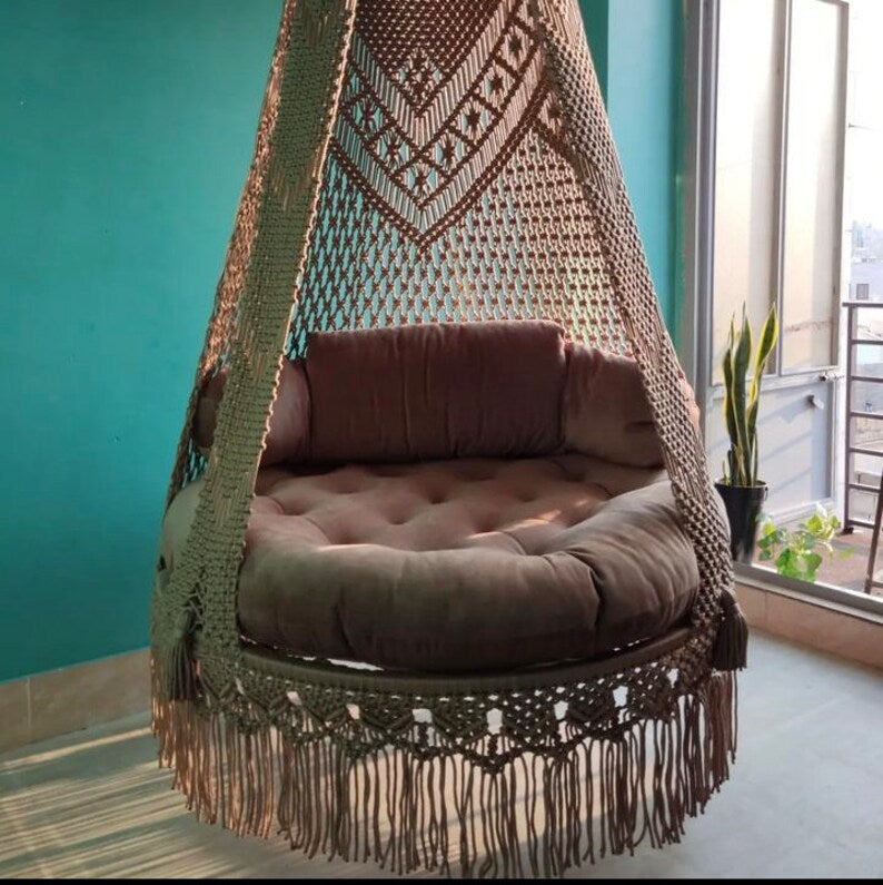 Macrame Swing With Cushions in Beige 35 inches - Leechoo