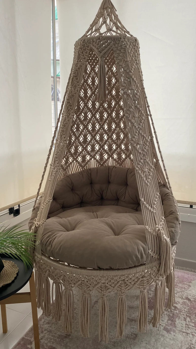 Brown Macrame Swing With Back Cushion in 35 inches - Leechoo