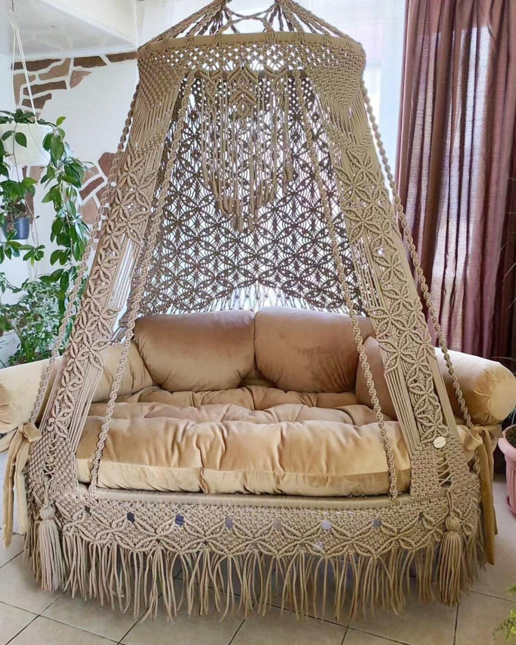 Brown Macrame Sofa Swing With Mattress And Cushions - Leechoo