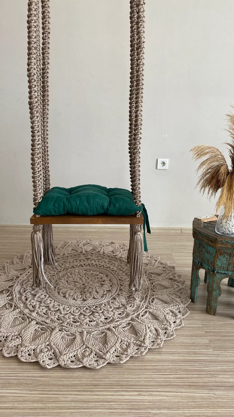 Macrame Swing With Wooden Base For Adults - Leechoo