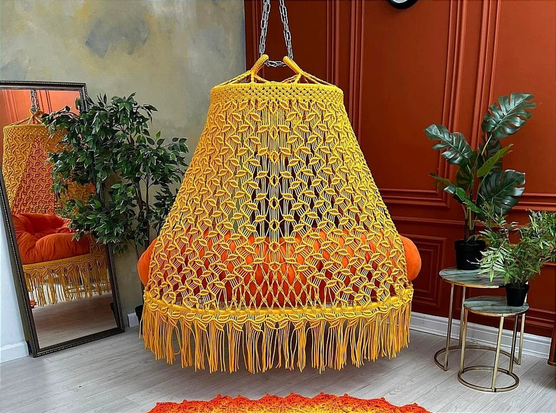 Yellow Macrame Sofa Swing With Mattress And Cushions - Leechoo