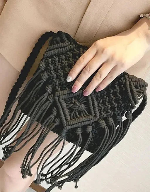 Macrame Black Sling Bag For Women - Leechoo