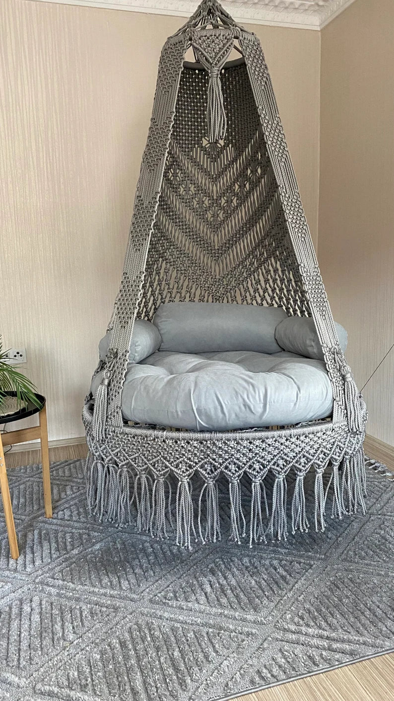 Macrame Swing With Cushions in Grey 35 inches - Leechoo