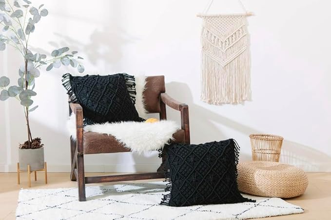 Macrame Cushion With Cover 16 x 16 inches Black - Leechoo