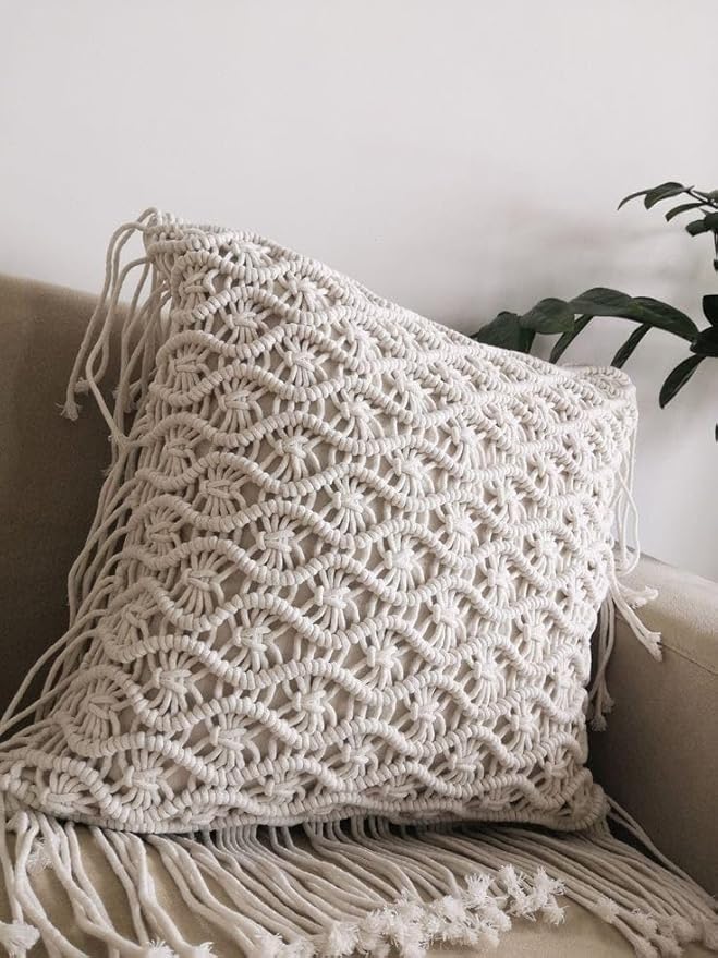 White Macrame Cushion With Cover 16 x 16 inches - Leechoo