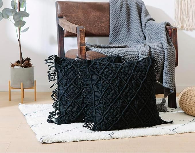 Macrame Cushion With Cover 16 x 16 inches Black - Leechoo