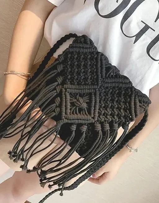 Macrame Black Sling Bag For Women - Leechoo