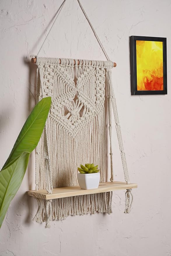 Macrame Indoor Wall Hanging Shelf For Wall Decor - Leechoo