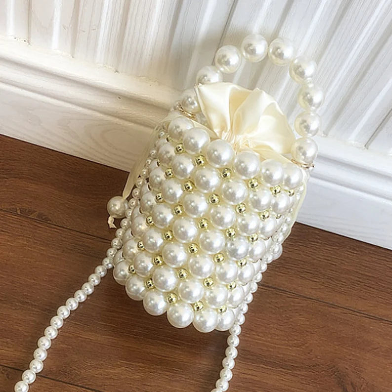 Faux Pearl Beaded Bucket Handbag For Women - Leechoo