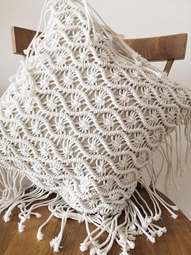 White Macrame Cushion With Cover 16 x 16 inches - Leechoo