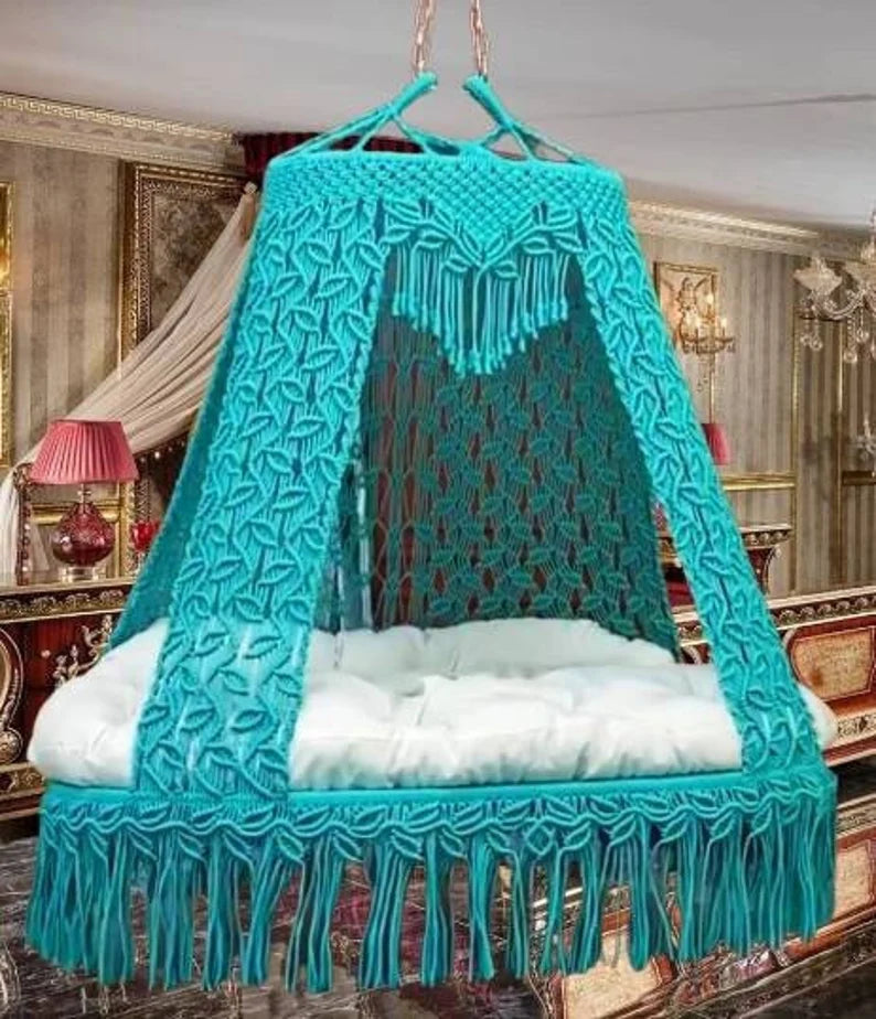 Blue Macrame Sofa Swing With Mattress And Cushions - Leechoo