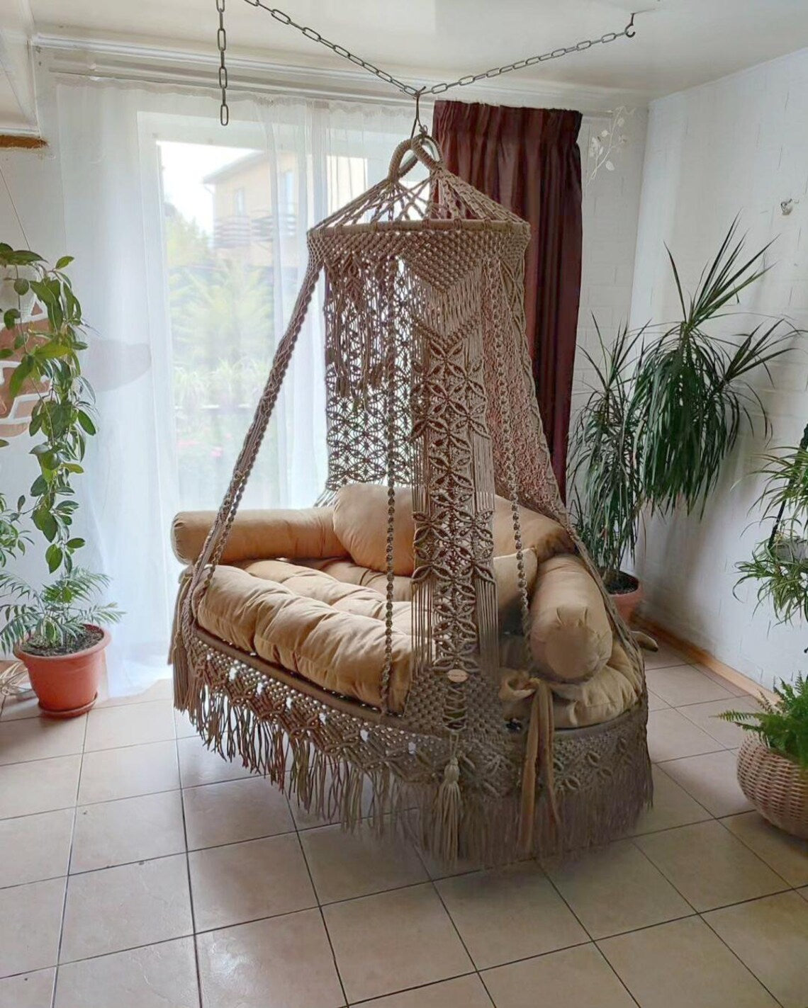 Brown Macrame Sofa Swing With Mattress And Cushions - Leechoo