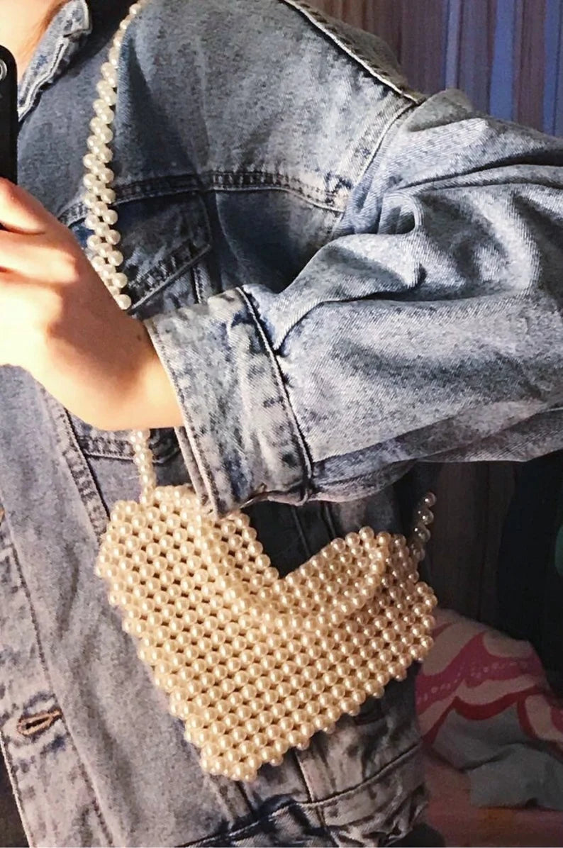 Heart Shaped Pearl Beaded Handbag For Women - Leechoo