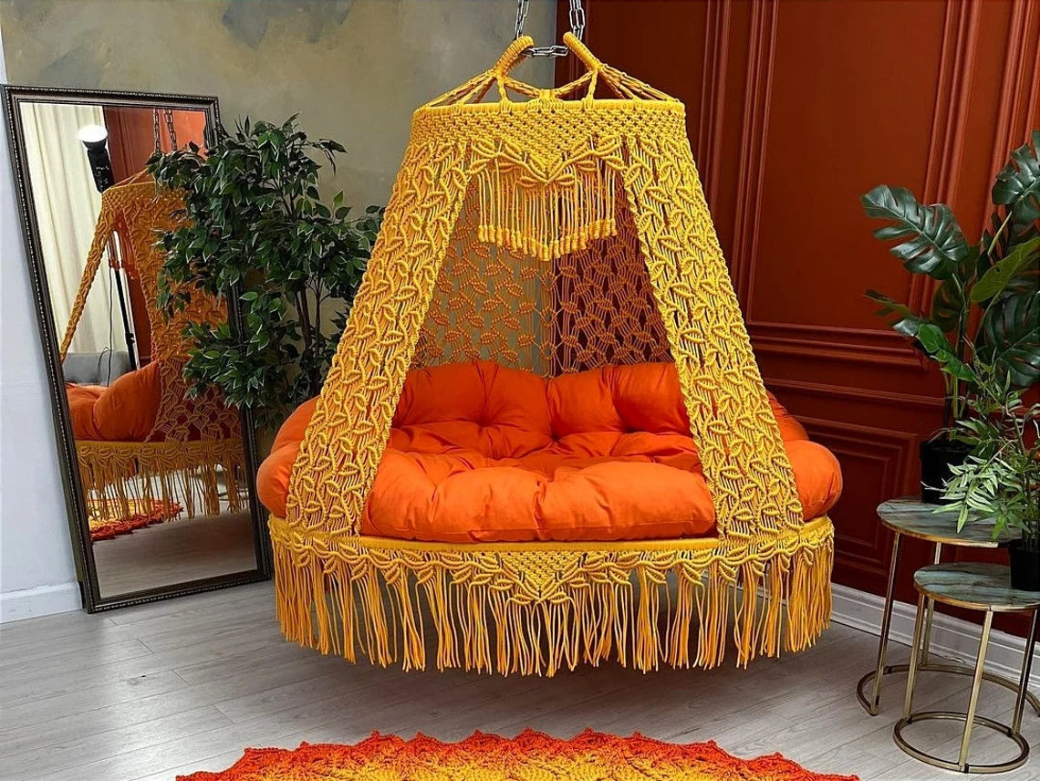 Yellow Macrame Sofa Swing With Mattress And Cushions - Leechoo