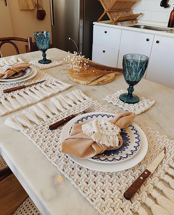 Macrame Set Of Coasters, Placement Mats And Napkin Holder - Leechoo