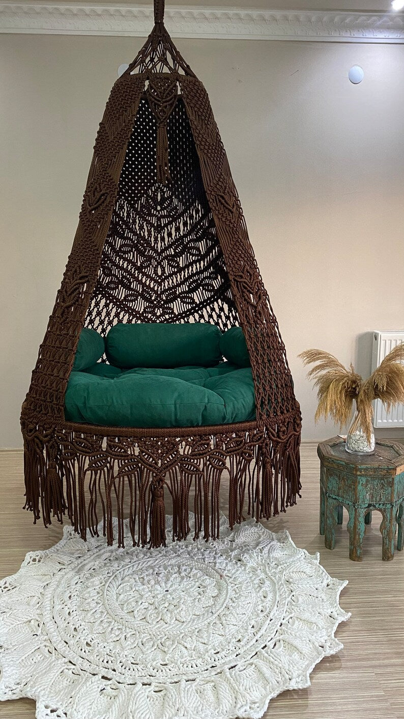 Macrame Swing With Cushions in Dark Brown 35 inches - Leechoo