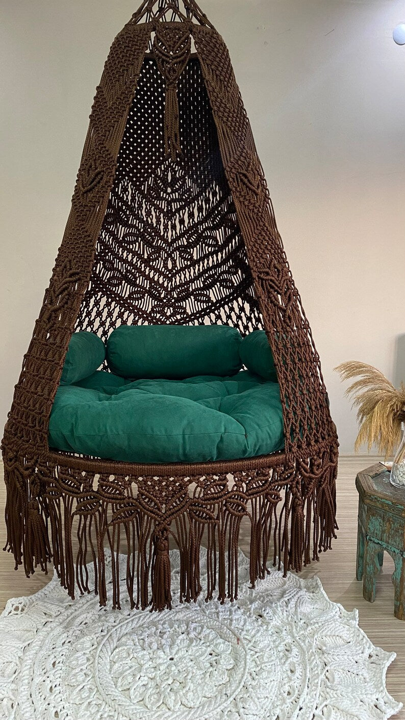 Macrame Swing With Cushions in Dark Brown 35 inches - Leechoo
