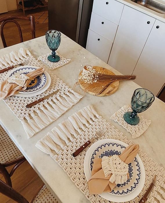 Macrame Set Of Coasters, Placement Mats And Napkin Holder - Leechoo