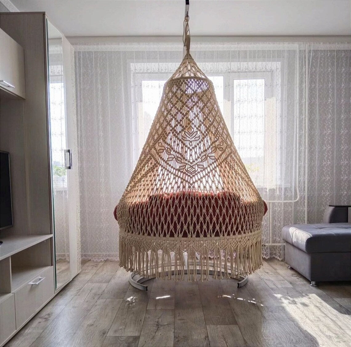 White Double Seater Macrame Swing 50 inches - Leechoo