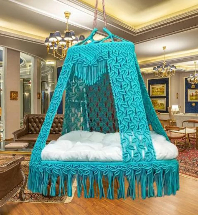 Blue Macrame Sofa Swing With Mattress And Cushions - Leechoo