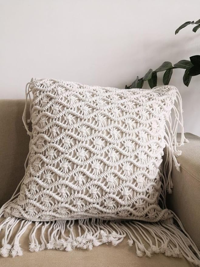 White Macrame Cushion With Cover 16 x 16 inches - Leechoo