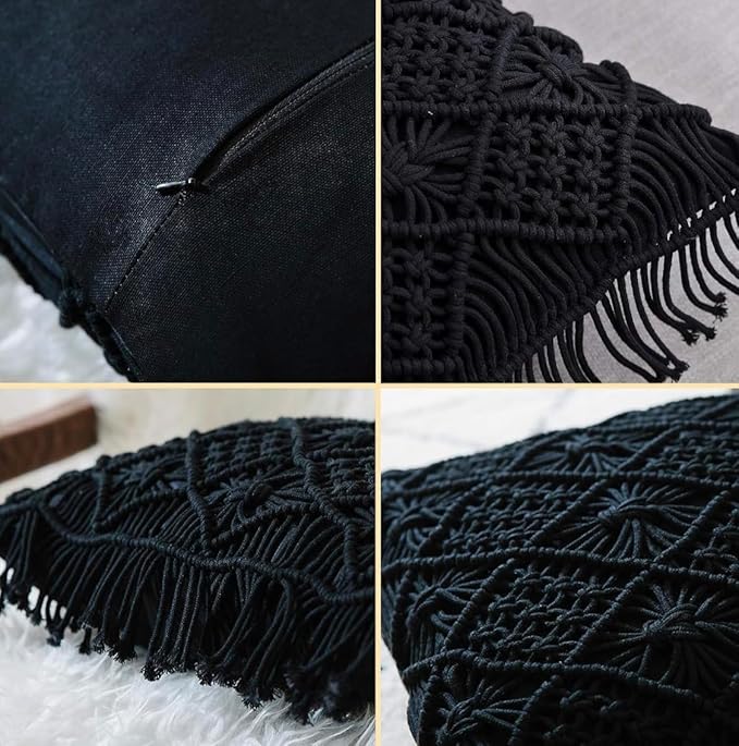 Macrame Cushion With Cover 16 x 16 inches Black - Leechoo