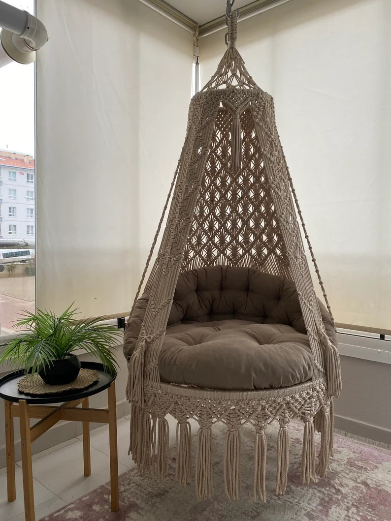 Brown Macrame Swing With Back Cushion in 35 inches - Leechoo