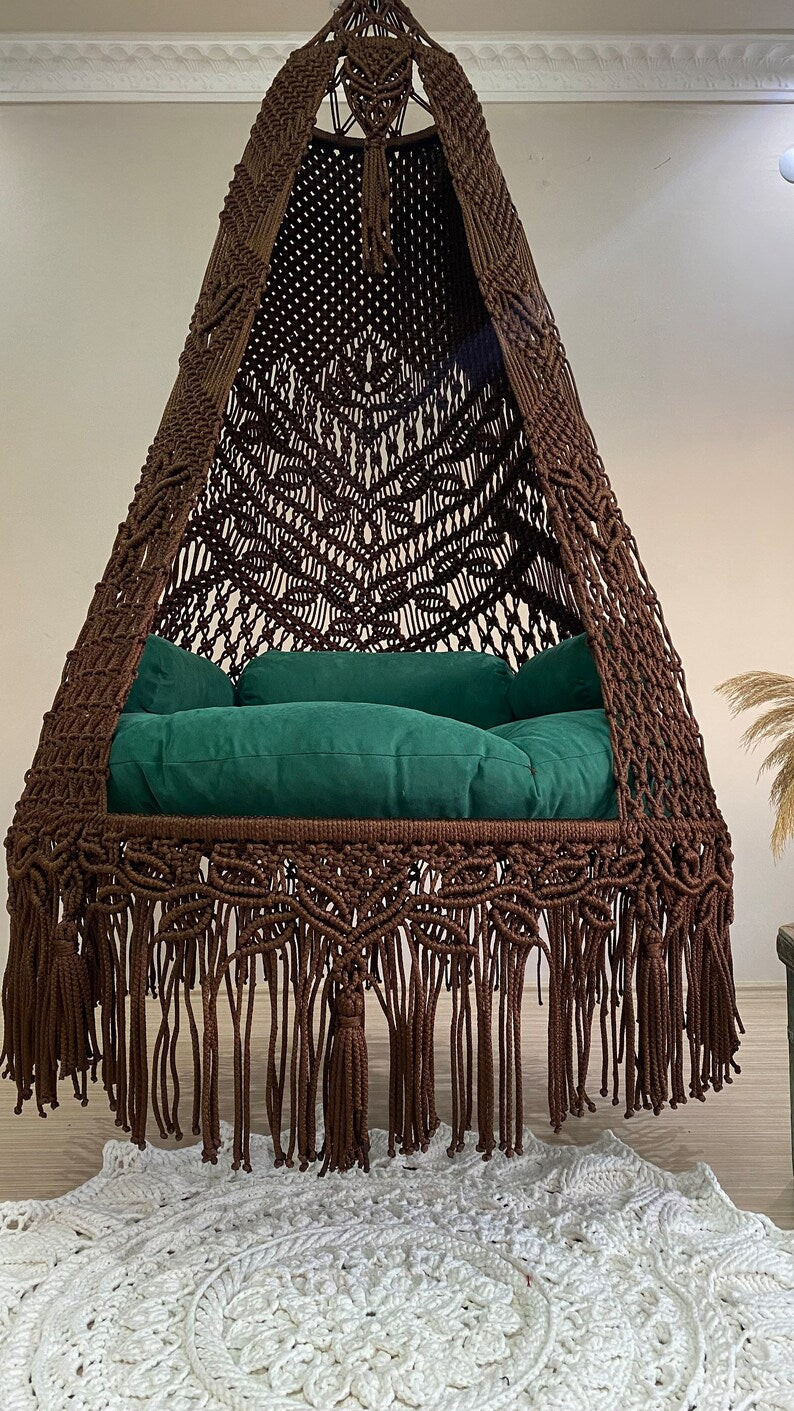 Macrame Swing With Cushions in Dark Brown 35 inches - Leechoo