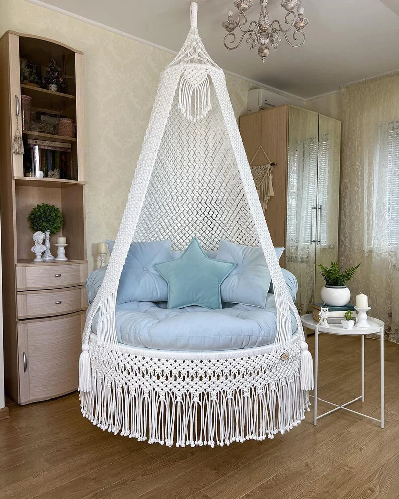 White Macrame Swing For Adults 40 inches - Leechoo