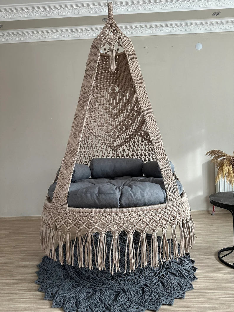 Beige Macrame Swing Chair For Adults 40 inches - Leechoo