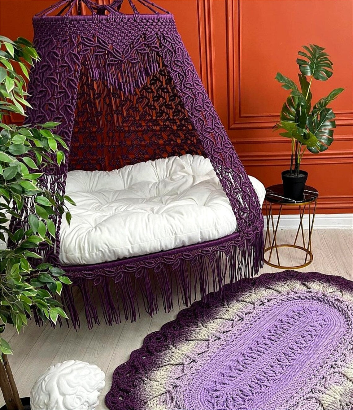 Purple Macrame Sofa Swing With Mattress And Cushions - Leechoo