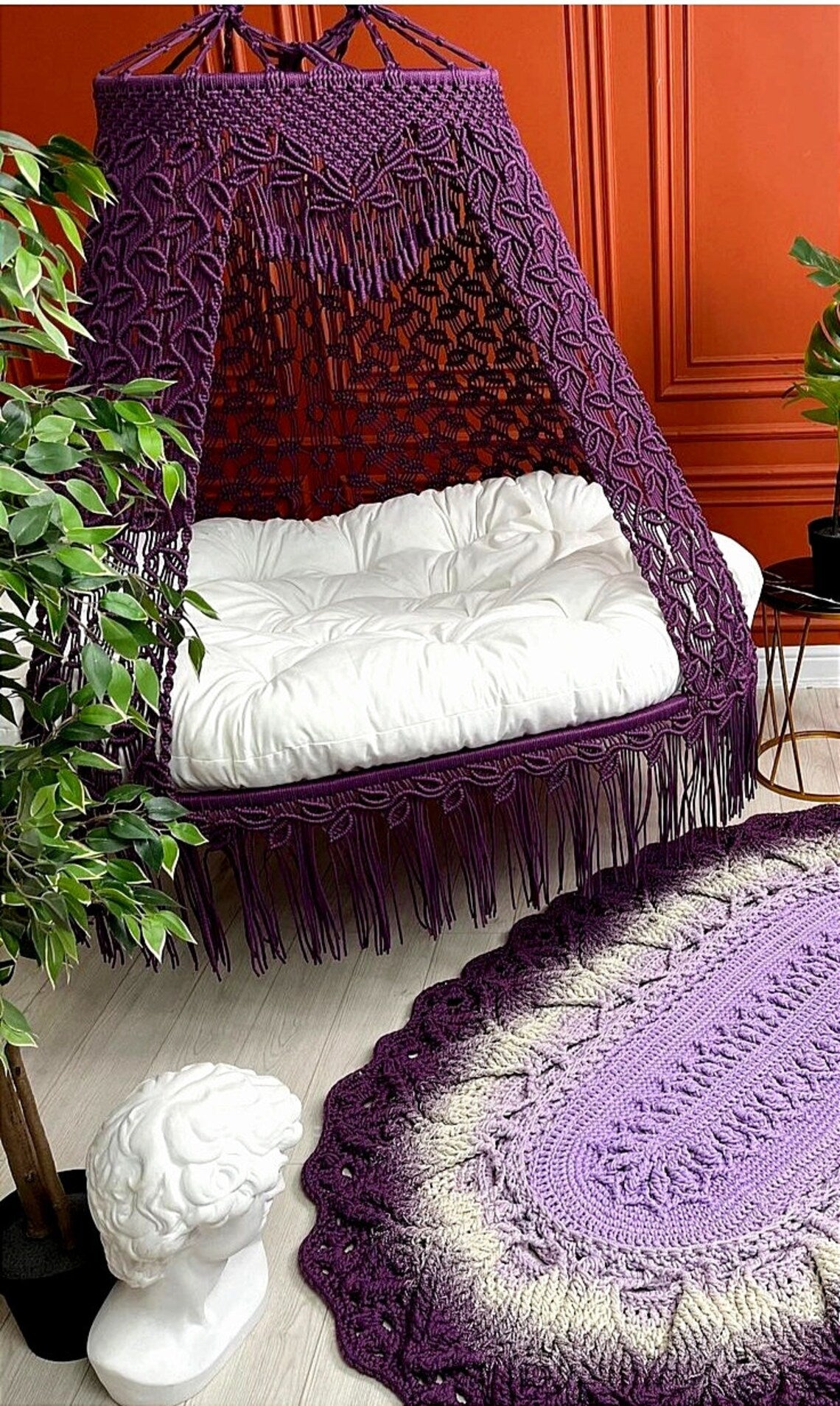 Purple Macrame Sofa Swing With Mattress And Cushions - Leechoo