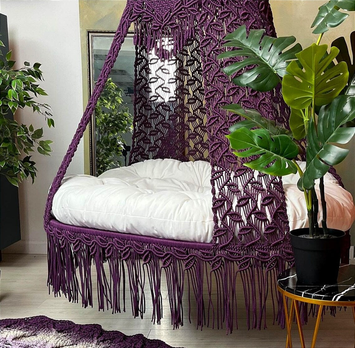 Purple Macrame Sofa Swing With Mattress And Cushions - Leechoo