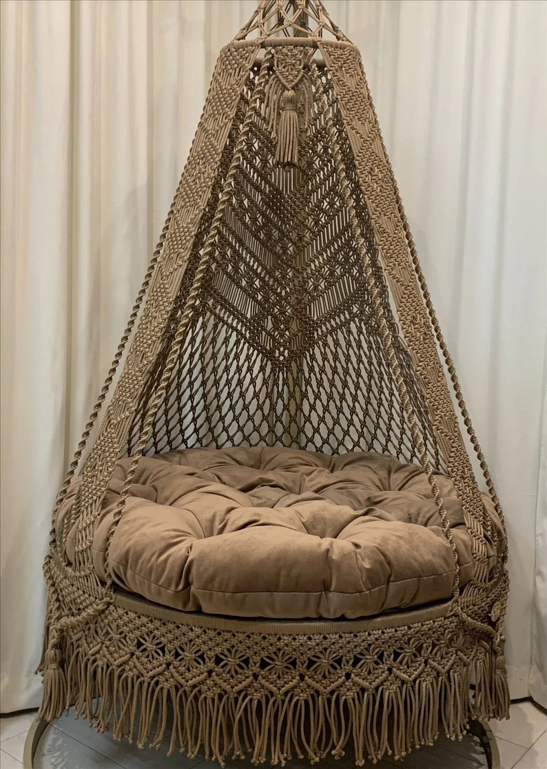 Brown Macrame Swing For Adults With Mattress And 3 Cushions - Leechoo